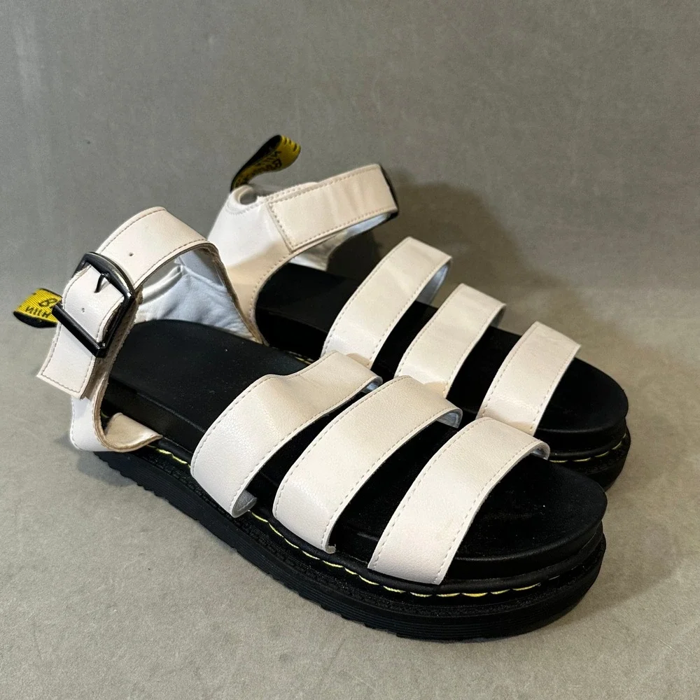 White Multi Strap Platform Sandals Chunky Black Sole Size 38 Buckle Ankle Strap